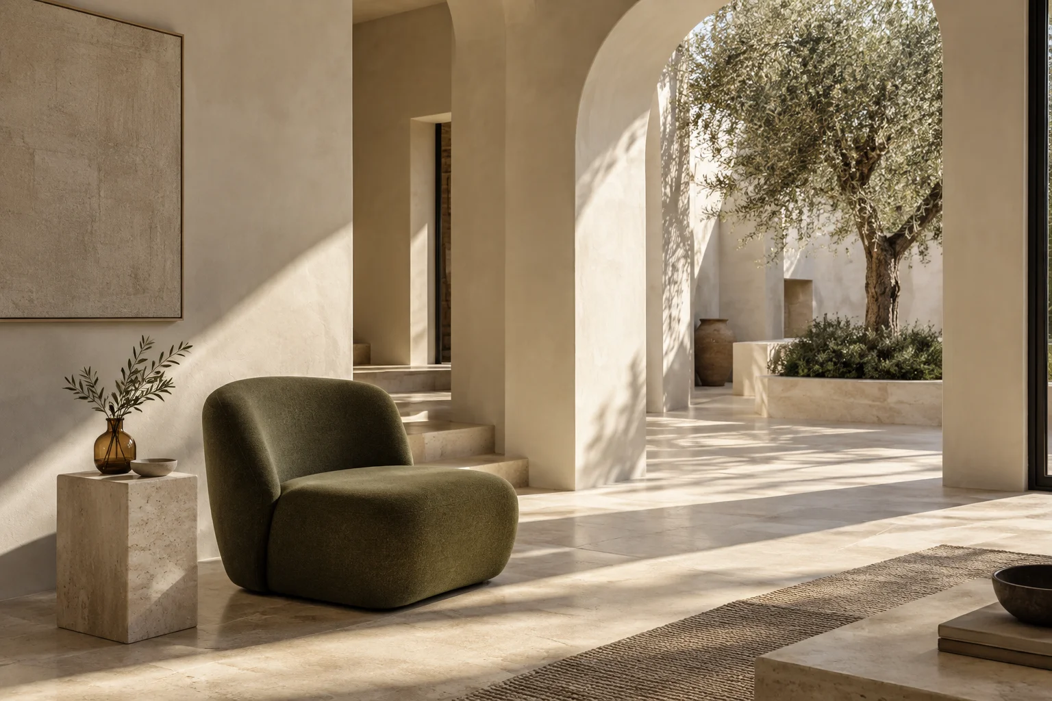 Warm living room with sculptural furniture and natural light